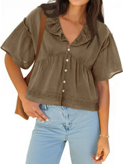 Women's Boho Eyelet V Neck Short Sleeve Top