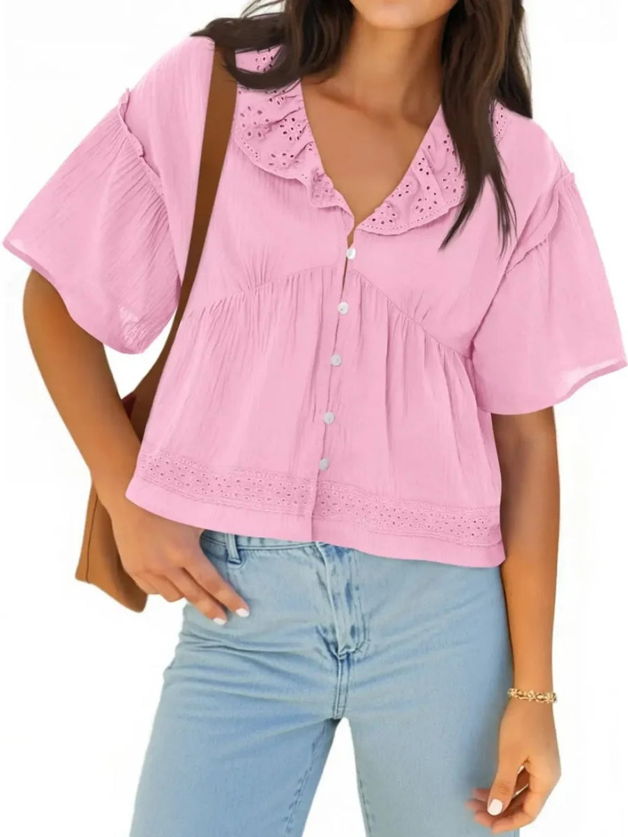 Women's Boho Eyelet V Neck Short Sleeve Top