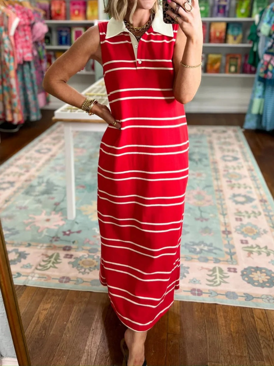 Women's Polo Collar Sleeveless Striped Long Dress
