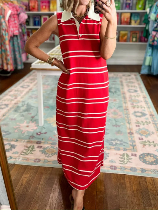 Women's Polo Collar Sleeveless Striped Long Dress