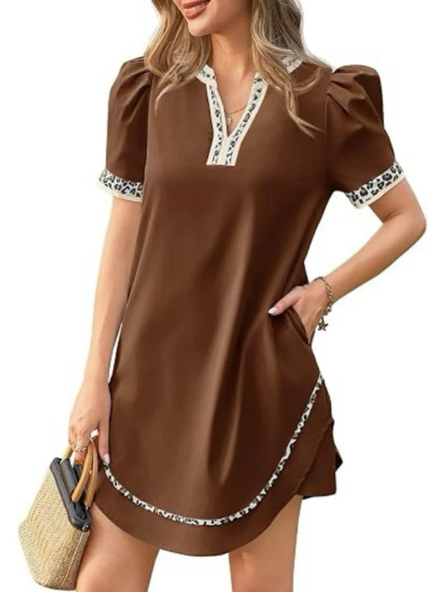 Women's Leopard Trim Puff Sleeve Mini Dress