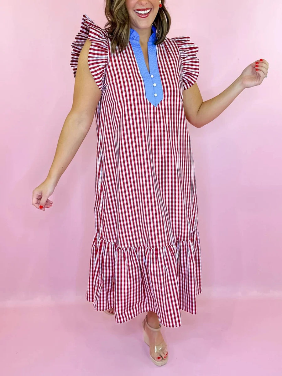 Women's Gingham Ruffle Sleeve Midi Dress