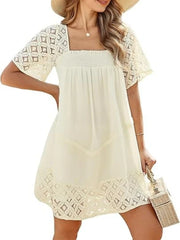 Women's Lace Crochet Sleeve Square Neck Tiered Dress