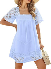 Women's Lace Crochet Sleeve Square Neck Tiered Dress