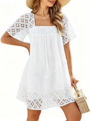 Women's Lace Crochet Sleeve Square Neck Tiered Dress