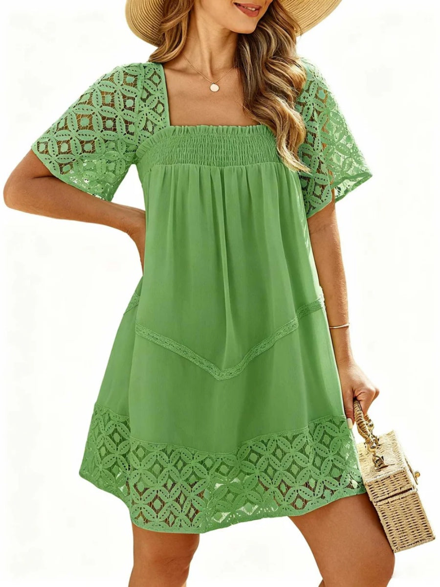 Women's Lace Crochet Sleeve Square Neck Tiered Dress