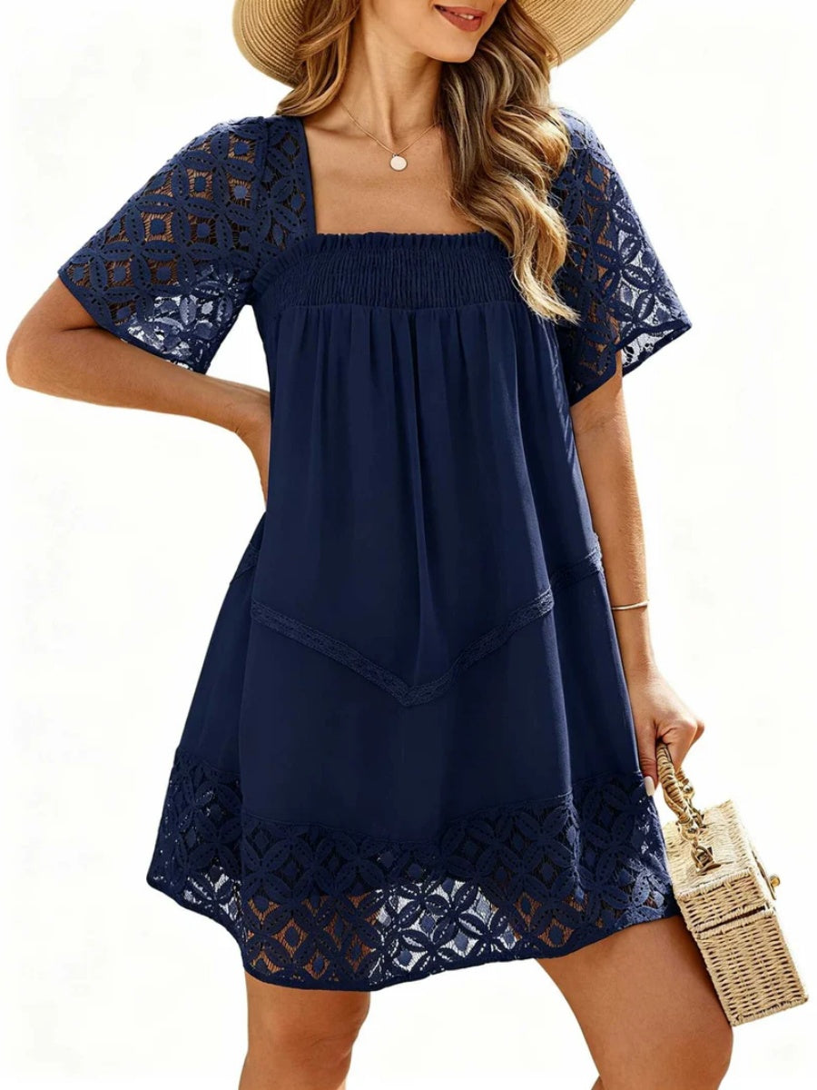 Women's Lace Crochet Sleeve Square Neck Tiered Dress