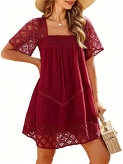 Women's Lace Crochet Sleeve Square Neck Tiered Dress