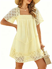 Women's Lace Crochet Sleeve Square Neck Tiered Dress