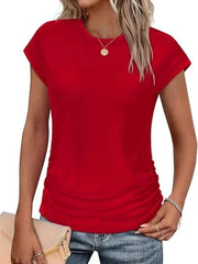 Women's Crew Neck Ruched Cap Sleeve T-Shirt