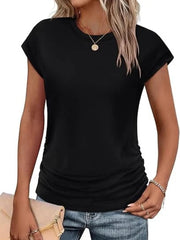 Women's Crew Neck Ruched Cap Sleeve T-Shirt