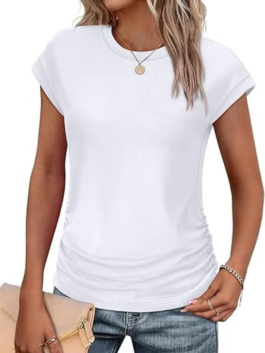 Women's Crew Neck Ruched Cap Sleeve T-Shirt