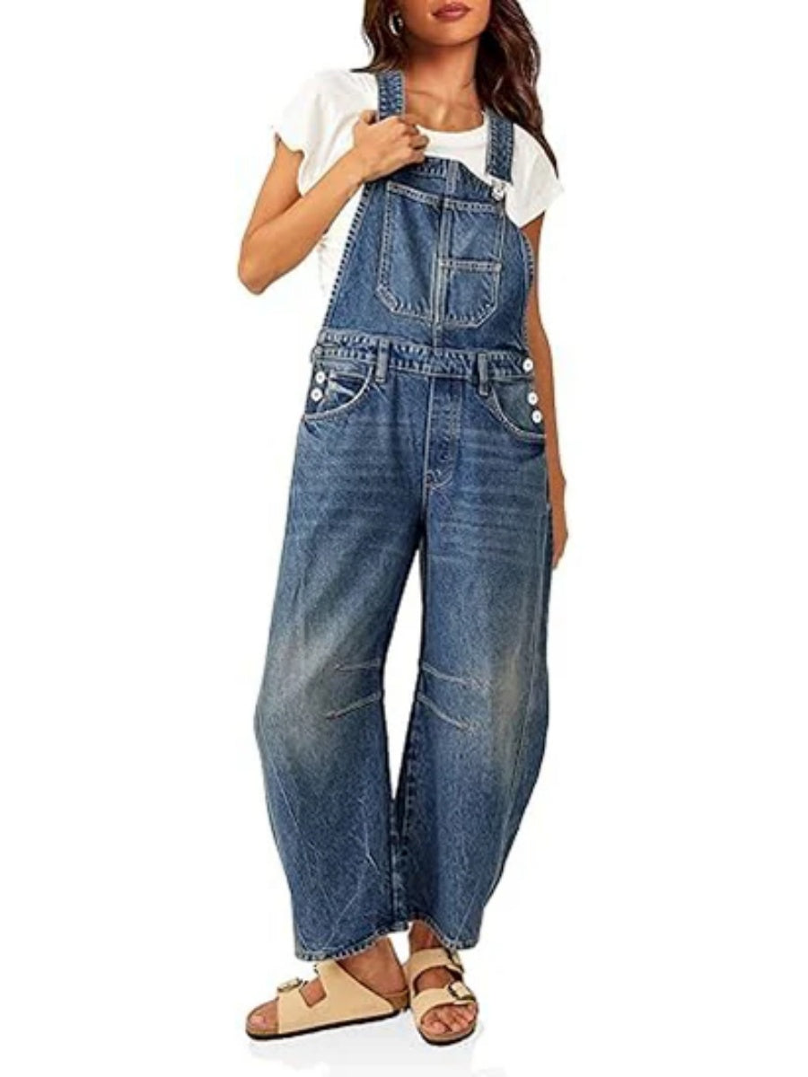 Women's Barrel Leg Denim Overalls with Pockets