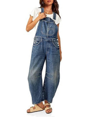 Women's Barrel Leg Denim Overalls with Pockets