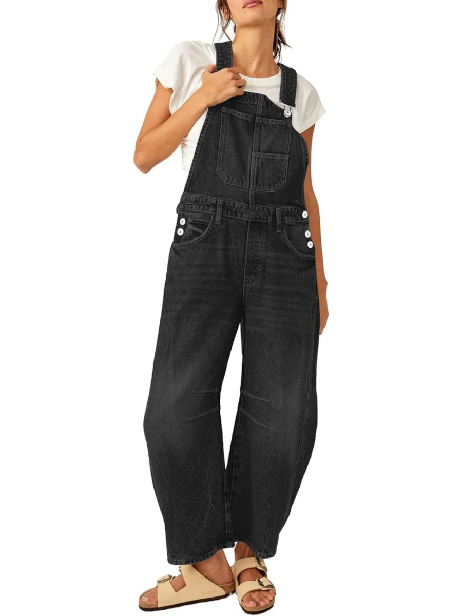 Women's Barrel Leg Denim Overalls with Pockets