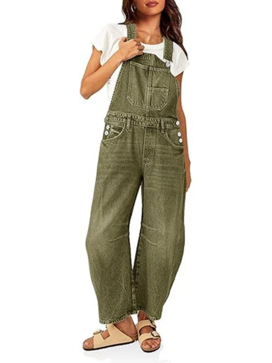 Women's Barrel Leg Denim Overalls with Pockets