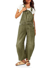 Women's Barrel Leg Denim Overalls with Pockets