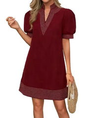 Women's Floral Stripe Trim Puff Sleeve Mini Dress