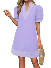 Women's Floral Stripe Trim Puff Sleeve Mini Dress