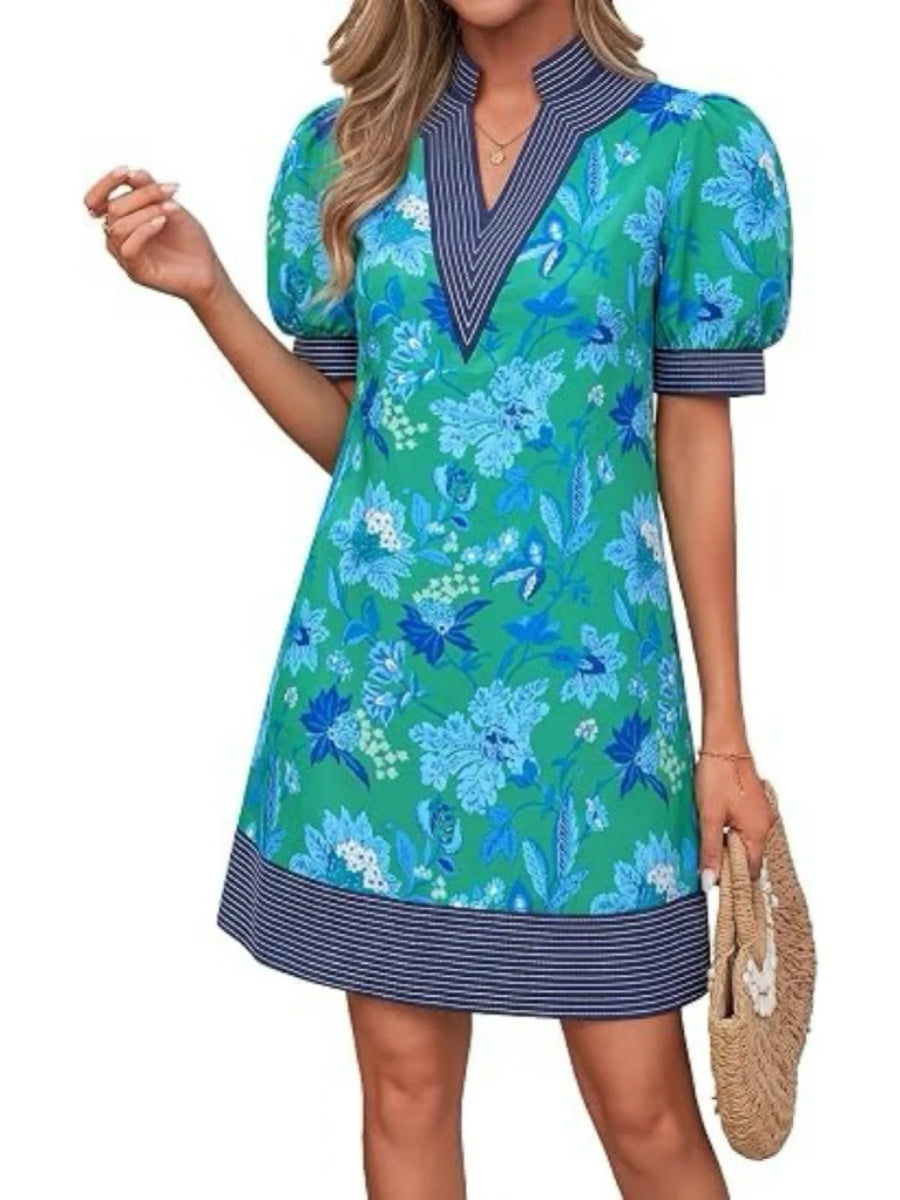 Women's Floral Stripe Trim Puff Sleeve Mini Dress