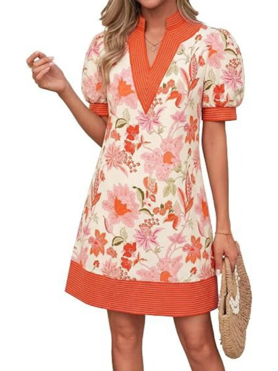 Women's Floral Stripe Trim Puff Sleeve Mini Dress