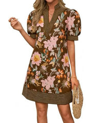 Women's Floral Stripe Trim Puff Sleeve Mini Dress