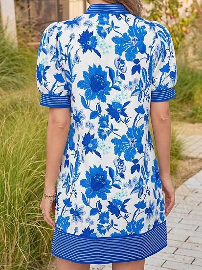 Women's Floral Stripe Trim Puff Sleeve Mini Dress