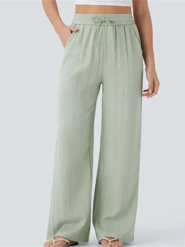 Women's High Waisted Drawstring Pocket Wide Leg Linen-Feel Pants