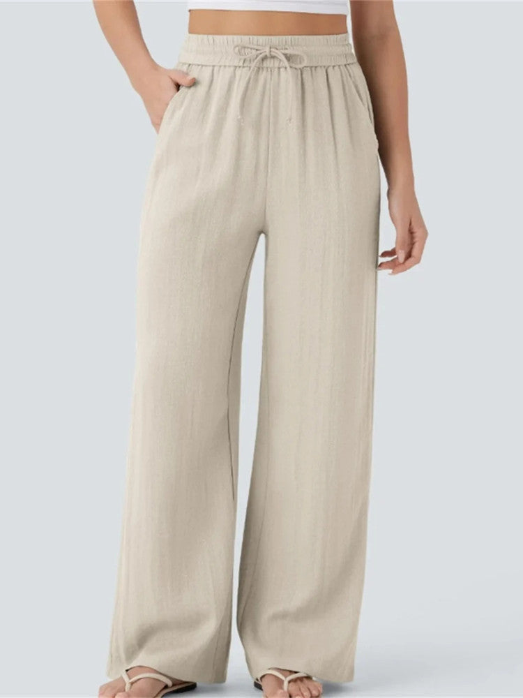 Women's High Waisted Drawstring Pocket Wide Leg Linen-Feel Pants