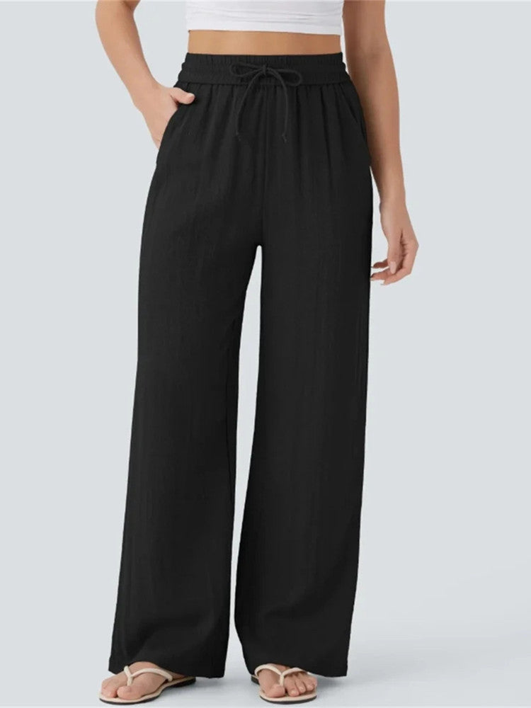 Women's High Waisted Drawstring Pocket Wide Leg Linen-Feel Pants