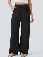Women's High Waisted Drawstring Pocket Wide Leg Linen-Feel Pants