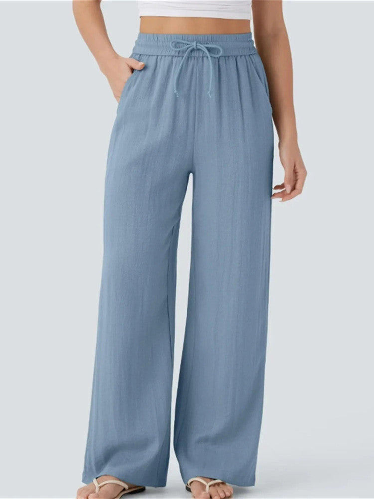 Women's High Waisted Drawstring Pocket Wide Leg Linen-Feel Pants