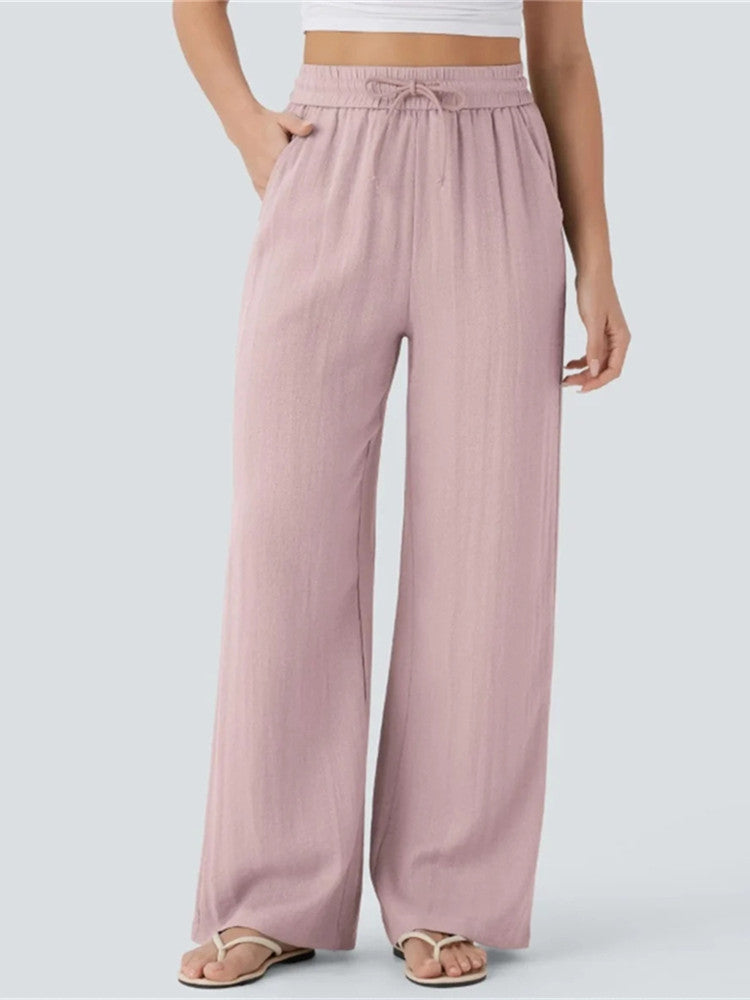 Women's High Waisted Drawstring Pocket Wide Leg Linen-Feel Pants