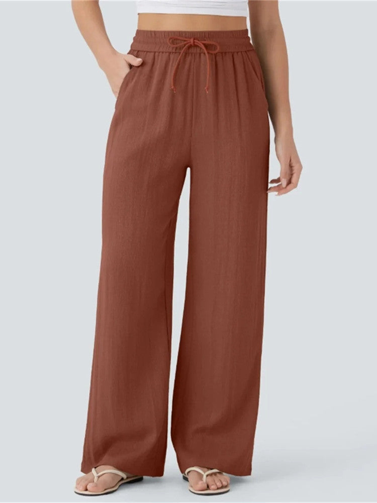 Women's High Waisted Drawstring Pocket Wide Leg Linen-Feel Pants