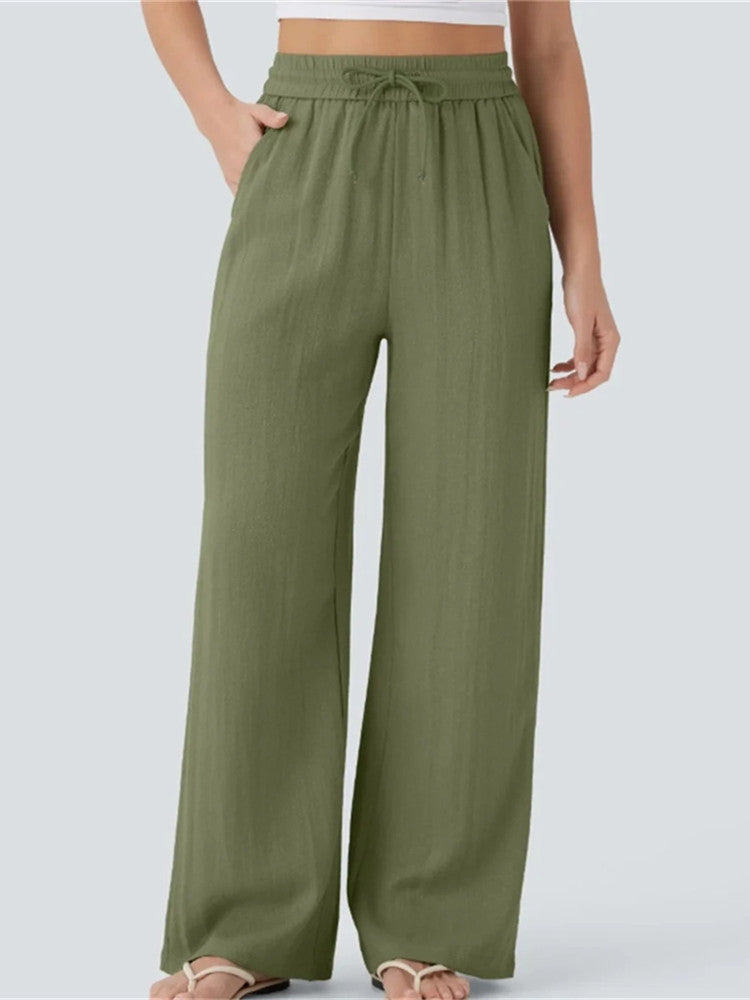 Women's High Waisted Drawstring Pocket Wide Leg Linen-Feel Pants
