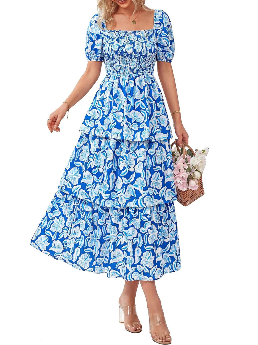 Women's Floral Square Neck Puff Short Sleeve Smocked Tiered Maxi Dress