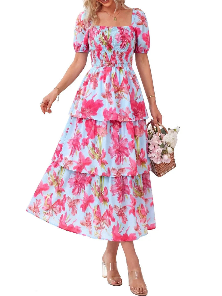 Women's Floral Square Neck Puff Short Sleeve Smocked Tiered Maxi Dress