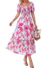 Women's Floral Square Neck Puff Short Sleeve Smocked Tiered Maxi Dress