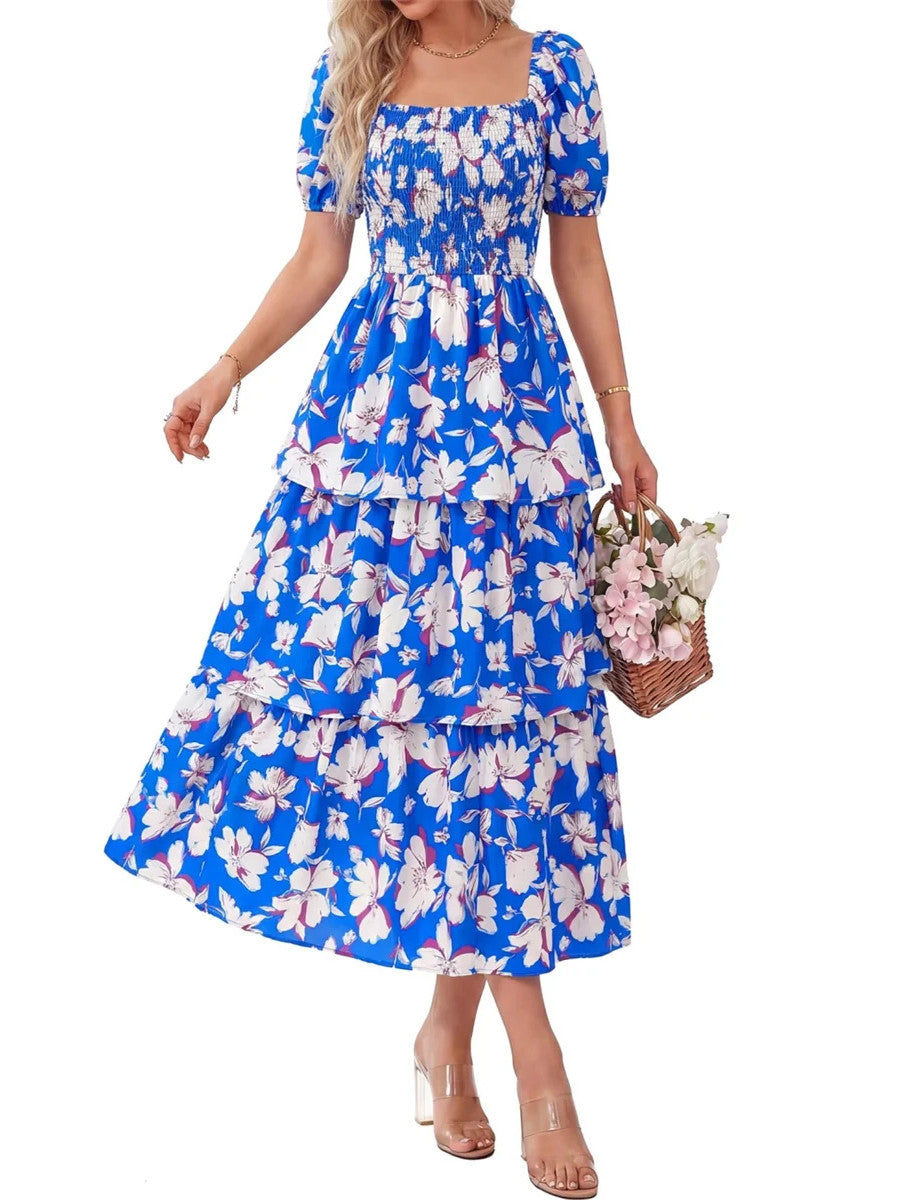 Women's Floral Square Neck Puff Short Sleeve Smocked Tiered Maxi Dress