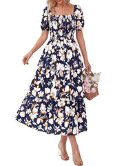 Women's Floral Square Neck Puff Short Sleeve Smocked Tiered Maxi Dress