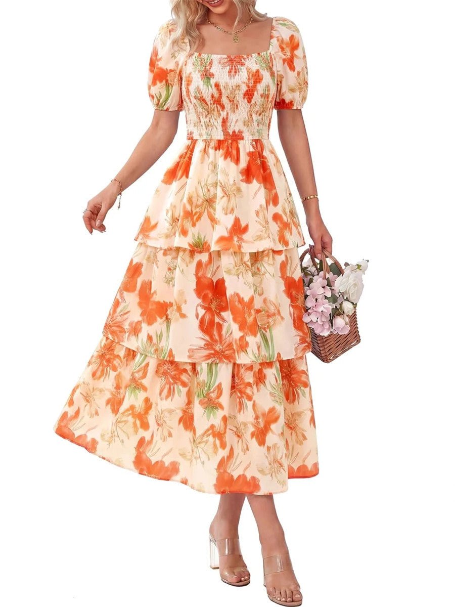 Women's Floral Square Neck Puff Short Sleeve Smocked Tiered Maxi Dress