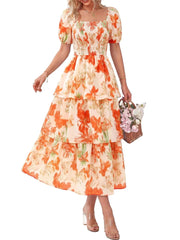 Women's Floral Square Neck Puff Short Sleeve Smocked Tiered Maxi Dress