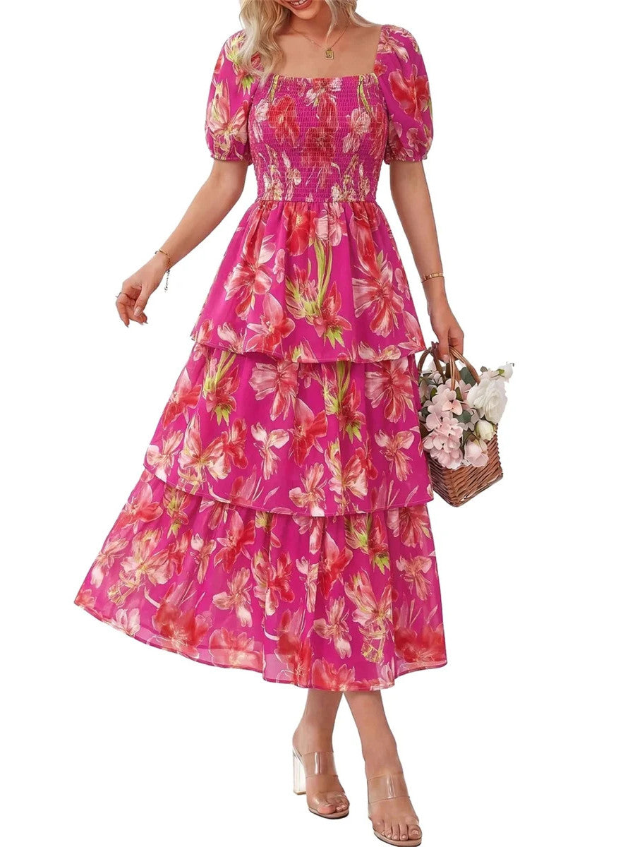 Women's Floral Square Neck Puff Short Sleeve Smocked Tiered Maxi Dress