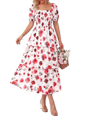 Women's Floral Square Neck Puff Short Sleeve Smocked Tiered Maxi Dress