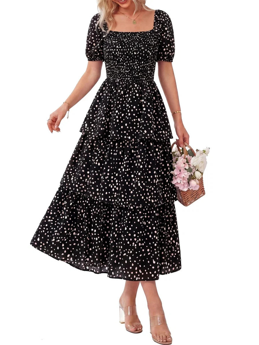 Women's Floral Square Neck Puff Short Sleeve Smocked Tiered Maxi Dress