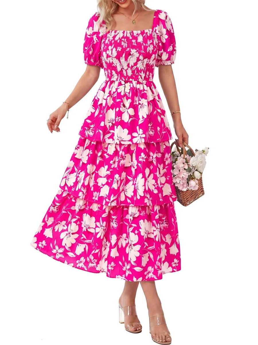 Women's Floral Square Neck Puff Short Sleeve Smocked Tiered Maxi Dress