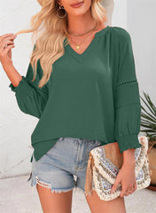 Women's 3/4 Lantern Sleeve Casual V-Neck T-Shirts Pleated Loose Hollow-Out Blouse