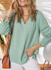 Women's 3/4 Lantern Sleeve Casual V-Neck T-Shirts Pleated Loose Hollow-Out Blouse