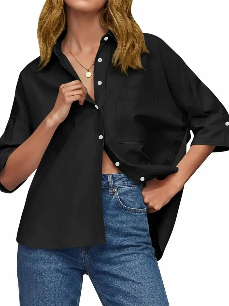 Women's Oversized Contrast Stripe 3/4 Sleeve Collar Shirt