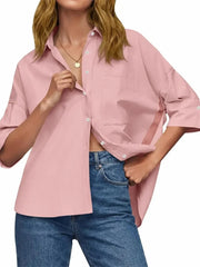 Women's Oversized Contrast Stripe 3/4 Sleeve Collar Shirt